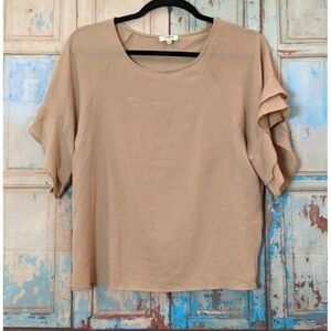 Umgee Womens Size Large Tan Ruffle Round Neck Short Flutter Sleeve Blouse Top